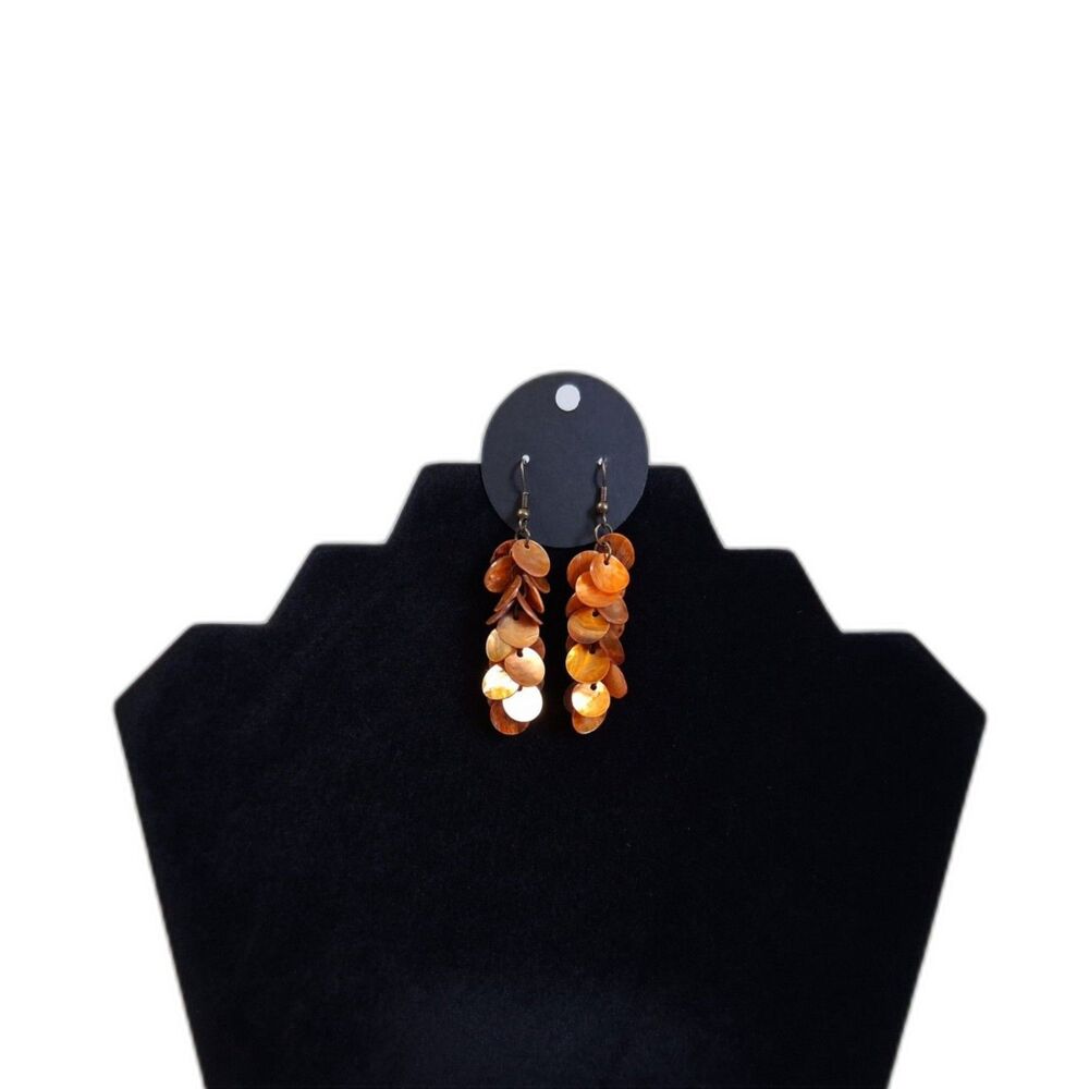 Orange Brown Mother Of Pearl Lightweight Discs Statement Dangle Drop Earrings